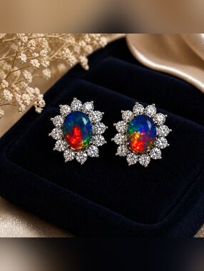 Ethiopian Black Opal and Moissanite Earrings